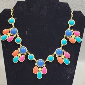 Multi-Colored Lucite Necklace Navy Coral Fuchsia Cream Turquoise Gold Tone
